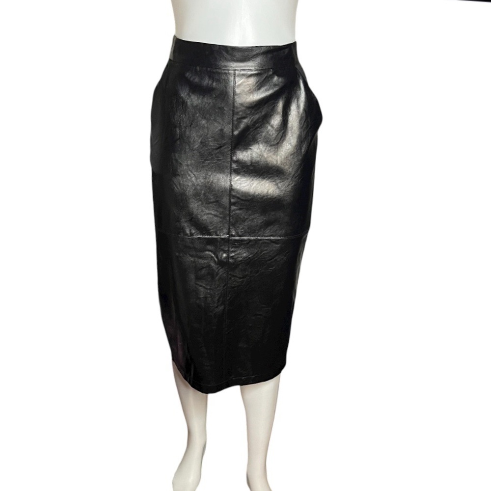 LA FEE MARABOUTEE Black Pencil Skirt Faux Leather Stretch Knit Pockets Size 36